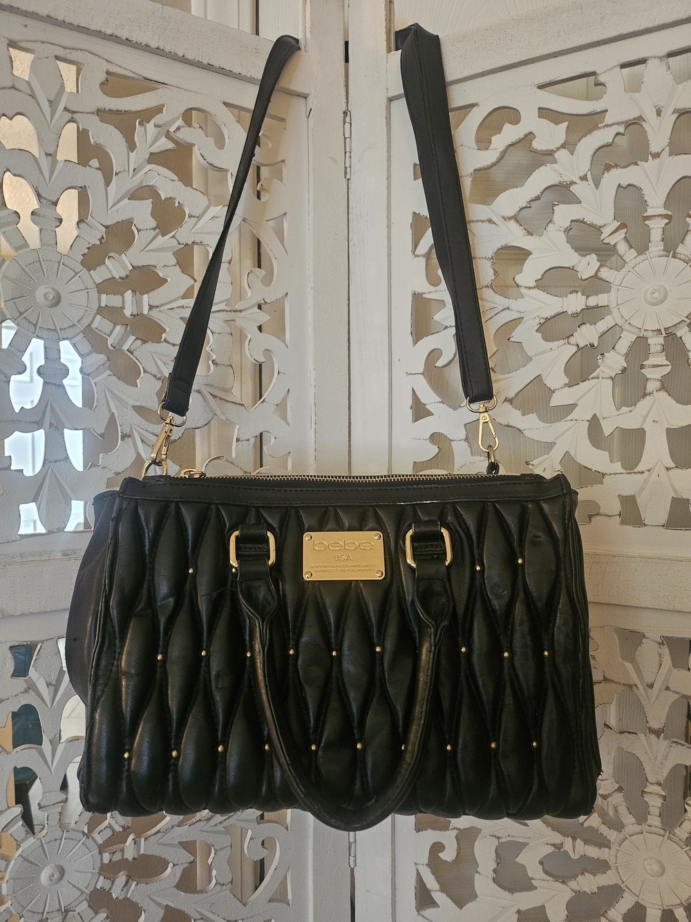 bebe Black Quilted Satchel Bag with Gold Hardware